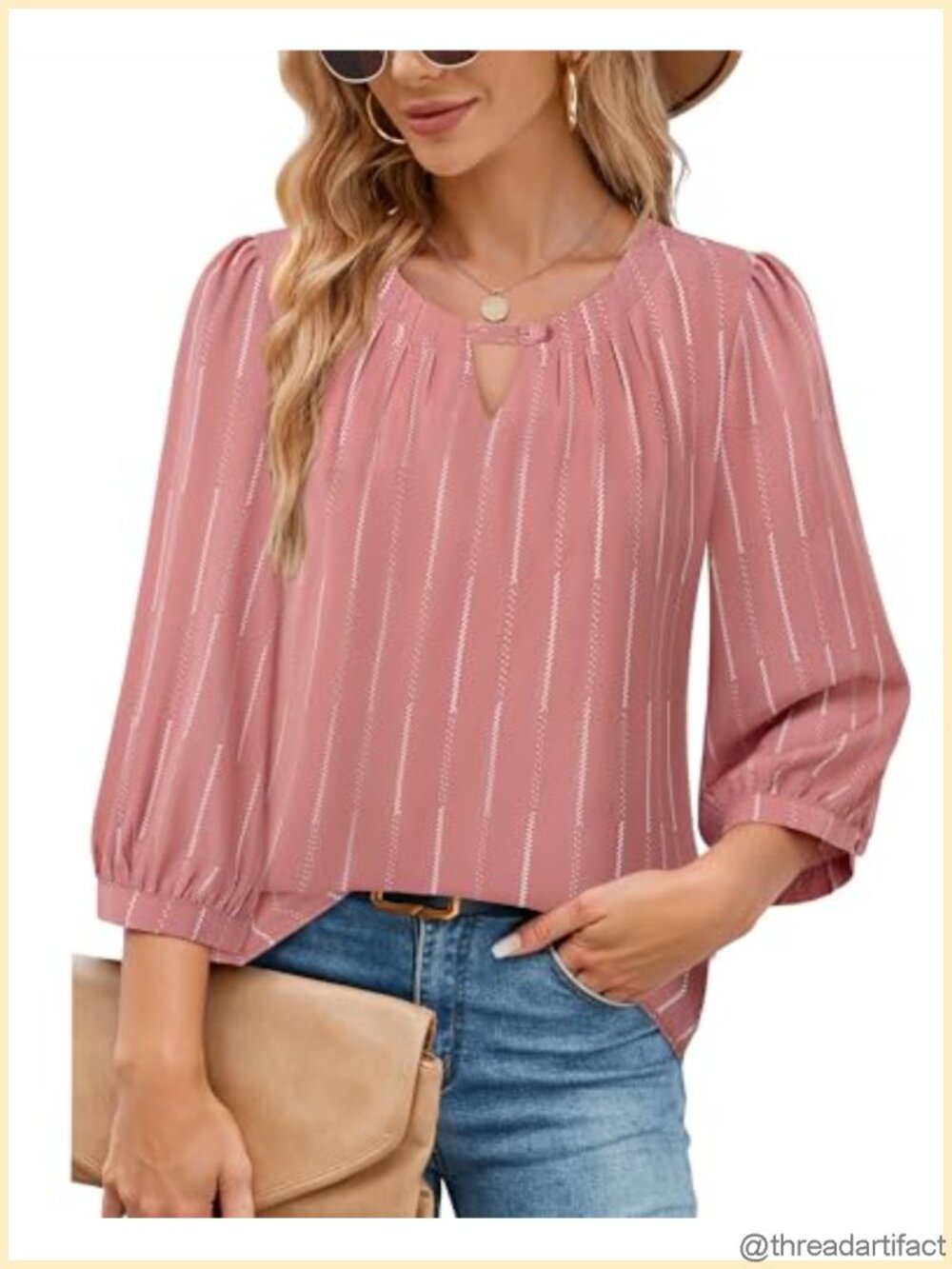 Women's 3/4 Sleeve Chiffon Blouse Pleated V-Neck Keyhole Business Casual
